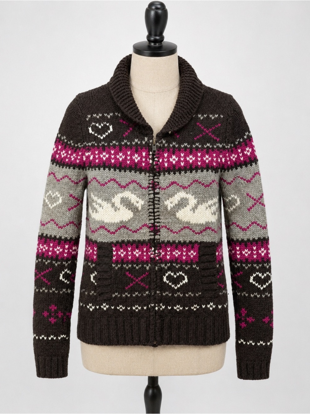 Talula Aritzia 100% Lambswool Swan Fair Isle Zip Cardigan XXS